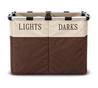 2 Compartment Laundry Basket, Folding Laundry Sorter for Lights & Darks, Large Double Clothes Hamper with Aluminium Frame, (Brown)