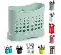 2 Compartment Sink Tidy Cutlery Drainer Holder, High Grade Plastic Utensil Drying Caddy for Kitchen & Home, Rustproof Storage Organiser for Washed Cutlery & Utensils, Mint Green Design 1