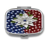 2 Compartment Square Pill Box Portable Metal Travel Pill Organizer | America Patriotic Flower Pill Case to Hold Vitamins, Medication, Fish Oil and Supplements, Ideal for Purse & Pocket