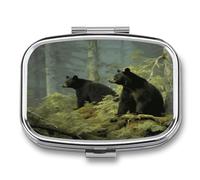 2 Compartment Square Pill Box Portable Metal Travel Pill Organizer | Black Bears Pill Case to Hold Vitamins, Medication, Fish Oil and Supplements, Ideal for Purse & Pocket
