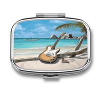 2 Compartment Square Pill Box Portable Metal Travel Pill Organizer | Guitar on The Beach Pill Case to Hold Vitamins, Medication, Fish Oil and Supplements, Ideal for Purse & Pocket