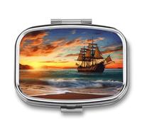 2 Compartment Square Pill Box Portable Metal Travel Pill Organizer | Pirate Ship in The Sunset Pill Case to Hold Vitamins, Medication, Fish Oil and Supplements, Ideal for Purse & Pocket