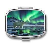 2 Compartment Square Pill Box Portable Metal Travel Pill Organizer | Polar Bears Northern Lights Pill Case to Hold Vitamins, Medication, Fish Oil and Supplements, Ideal for Purse & Pocket