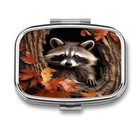2 Compartment Square Pill Box Portable Metal Travel Pill Organizer | Raccoon in The Fall Tree Hole Pill Case to Hold Vitamins, Medication, Fish Oil and Supplements, Ideal for Purse & Pocket