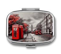 2 Compartment Square Pill Box Portable Metal Travel Pill Organizer | Red London Street Pill Case to Hold Vitamins, Medication, Fish Oil and Supplements, Ideal for Purse & Pocket