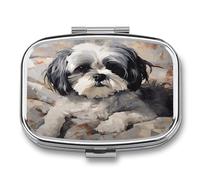 2 Compartment Square Pill Box Portable Metal Travel Pill Organizer | Shih Tzu Pill Case to Hold Vitamins, Medication, Fish Oil and Supplements, Ideal for Purse & Pocket