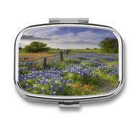 2 Compartment Square Pill Box Portable Metal Travel Pill Organizer | Texas Bluebonnets Scenery Pill Case to Hold Vitamins, Medication, Fish Oil and Supplements, Ideal for Purse & Pocket