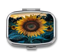 2 Compartment Square Pill Box Portable Metal Travel Pill Organizer | The Most Beautiful Sunflower Pill Case to Hold Vitamins, Medication, Fish Oil and Supplements, Ideal for Purse & Pocket