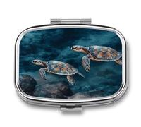 2 Compartment Square Pill Box Portable Metal Travel Pill Organizer | Turtle Swimming in The Sea Pill Case to Hold Vitamins, Medication, Fish Oil and Supplements, Ideal for Purse & Pocket