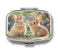 2 Compartment Square Pill Box Portable Metal Travel Pill Organizer | Two Little Cute Rabbits Pill Case to Hold Vitamins, Medication, Fish Oil and Supplements, Ideal for Purse & Pocket