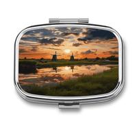 2 Compartment Square Pill Box Portable Metal Travel Pill Organizer | View of The Netherlands Pill Case to Hold Vitamins, Medication, Fish Oil and Supplements, Ideal for Purse & Pocket
