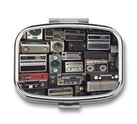 2 Compartment Square Pill Box Portable Metal Travel Pill Organizer | Vintage Wall of Radio Boombox Pill Case to Hold Vitamins, Medication, Fish Oil and Supplements, Ideal for Purse & Pocket