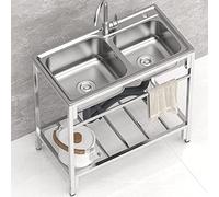 2 Compartment Stainless Steel Commercial Kitchen Sink With Cold Hot Water Pipe, Undershelf Tap for Outdoor, Garage, Laundry, Utility Room - 80cm