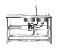 2 Compartment Utility Sink w/Prep Table, Stainless Steel Commercial Sink, Free Standing, Thickened 201 Steel, 3-Tier Storage, Integrated Basin, Complete Kit for Home & Commercial Use.