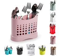 2 Compartments High Grade Plastic Sink Tidy Cutlery Drainer Caddy Holder, Cutlery Holder Utensil Drainer, Spoons & Forks Organizer, Utensil Drainer for Home and Kitchen (Pink - Design 1)