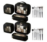2 Complete Sets of 3-Size Makeup Bags | Premium Transparent & Waterproof Cosmetic Organizer Storage Bag | Travel Toiletry & Skincare Storage Set (Black, L+M+S+MakeupBrushes)