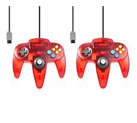2 Controllers for Nintendo 64 N64 Red Transparent Wired Gamepad Joypad