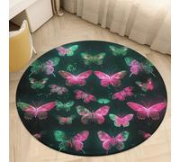 2' Coral Velvet Round Rug Machine Washable Non Slip TPR Backing Neon Butterfly Area Rug Pet Friendly Doormat Low Pile Soft Plush Bedroom Carpet for Living Room Kitchen Entryway Dorm Indoor