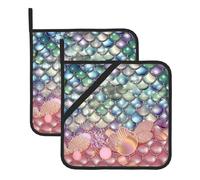 2 Cotton Pot Holder for Kitchen Oven Mitts Heat Resistant & Non-Slip Potholder Pocket Pearl Fantasy Mermaid Scale Microwave Hot Pad Set for Cooking Baking BBQ Gloves 8" x 8"