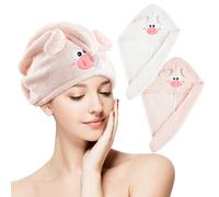 2 Count Microfiber Hair Towel Absorbent Hair Towel Wrap Cute Cartoon Rapid Drying Anti Frizz Turban Head Wrap for Women or Girls Kids(White,Light Pink,Pig)