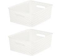 2 Cream Rattan Storage Basket 12L Plastic Nestable Tray 35.5 x 29.5cm