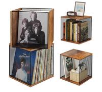 2 Cubes of Record Holder Shelf Storage Furniture - DIY Stackable 80-110 Vinyl Album Visualize Storage Box Cube - Natural Wooden Organizer Crate Cabinet