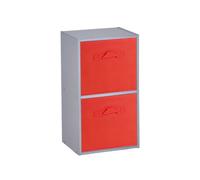 URBNLIVING Wooden Bookcase Grey 2 Tier + 2 Red Drawer