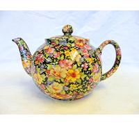2 cup teapot in black meadow flowers design by Heron Cross Pottery.