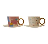 2 Cups And Saucers Set,Tea Cups With Multicoloured Patchy Design,Bone China Coffee Cups With Fluted Saucers