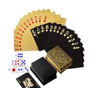 2 Decks Waterproof Plastic Playing Cards UK Set with 6 Coloured Dice | Washable, Fade-Resistant Poker Cards in Gold & Black | Includes Robust PP Storage Box for Pub Nights, Travel & Tabletop Games-w
