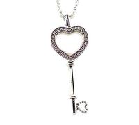 2 Designs Small Clear & Big Light Pink Floating Heart Key Open Locket Pendant Necklaces For Women Sterling Silver Jewelry