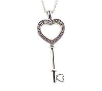 2 Designs Small Clear & Big Light Pink Floating Heart Key Open Locket Pendant Necklaces For Women Sterling Silver Jewelry