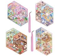 2 DIY 3D House Stickers Book with Tweezers,Cartoon 20 Sets 3D DIY Sticker Scenes Make Your Own Miniature Room Cinema Amusement Park Clothing Shop for Kids Adult Therapy Relief Stress Pass The Time