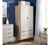 2 Door 2 Drawer Wardrobe Cupboard Driftwood Finish Steel Legs and Hanging Rail
