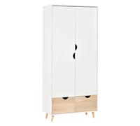 2-Door Clothes Wardrobe w/ Rail Shelf 2 Drawers Wood Feet Elegant Home Storage Organisation Furniture Dresses Coats Blankets Shoes White