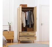 HOMCOM 2 Door Wardrobe, Modern Wardrobe with 2 Drawer and Hanging Rail for Bedroom, Natural
