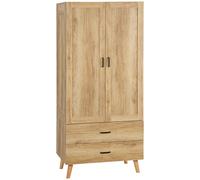 2 Door Wardrobe, Modern Wardrobe w/ 2 Drawer, Hanging Rail for Bedroom Natural