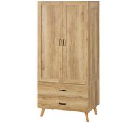 2 Door Wardrobe, Modern Wardrobe w/ 2 Drawer, Hanging Rail for Bedroom Natural
