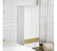 2 Door Wardrobe White Wardrobe with Drawers and Hanging Rod for Bedroom