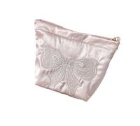 2. Elegant Satins Makeup Bag with Shimmering Bowknot Design Spacious Travel Cosmetic Women Elegant Bowknot Print Storage Pouch
