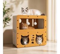 2-Floor Cardboard Cat Scratcher House, Indoor Cat House with Scratching Board & Hanging Ball | Multi-Function Cat Furniture for Play, Rest, Sleep | 45x28x51cm