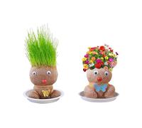 2 Flower & Grass Head Doll Plant,Grass Head Doll Small Potted Plant Row Your Own Kits Desktop Green Plants m ini Bonsai Pots With Tray,Desktop Ornaments Decoration Or Plants Potted For Children