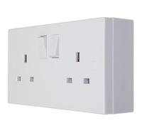 2 Gang 13 Amp Wall Socket with 25mm Surface Mount Pattress Back Box Double Twin White, Square Edge