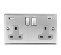 2 Gang 13A Double Switched Sockets with 2x USB Fast Charging Ports 3.1A Outlets: 1x Type A & 1x Type C (Satin/Enhance Grey Trim)