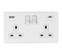 2 Gang 13A Double Switched Sockets with 2x USB Fast Charging Ports 3.1A Outlets: 1x Type A & 1x Type C (White/Flat Concealed)