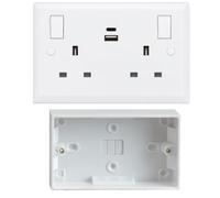 2 Gang 13A Switched Double Wall Socket with USB Type-A & USB Type-C Charging Ports, 25mm Surface Pattress Back Box Included, White Surface Mount Twin Plug Outlet for Home & Office