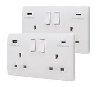 2 Gang 13amp Double Switched Socket USB C and A Charging, UK Plug Wall Outlet Pack of 2 USBW4AC