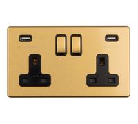 2 Gang Double 13A UK Plug Socket & 2.1A USB-A Charger SCREWLESS SATIN BRASS