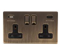 2 Gang Double 13A UK Plug Socket & 2x 3.1A USB-C & A SCREWLESS ANTIQUE BRASS