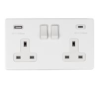 2 Gang Double 13A UK Plug Socket & 2x 3.1A USB-C & USB-A SCREWLESS MATT WHITE